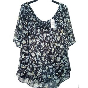 Torrid 4 4X Floral Blouse Top Off Shoulder Smocked  Flutter Sleeve Pull over